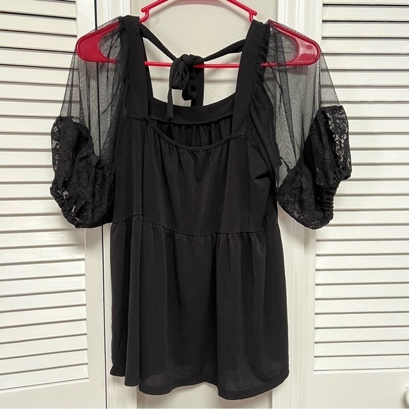 TEMPTED hearts lace puff sleeve organza baby doll top solid black size small - Picture 4 of 13